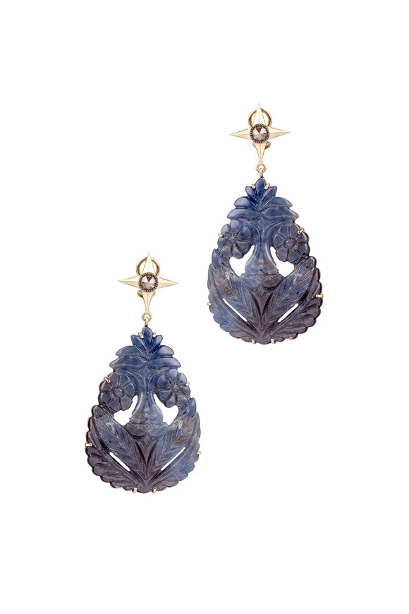 Sylva & Cie - 18K Yellow Gold Hand Carved Sapphire Earrings