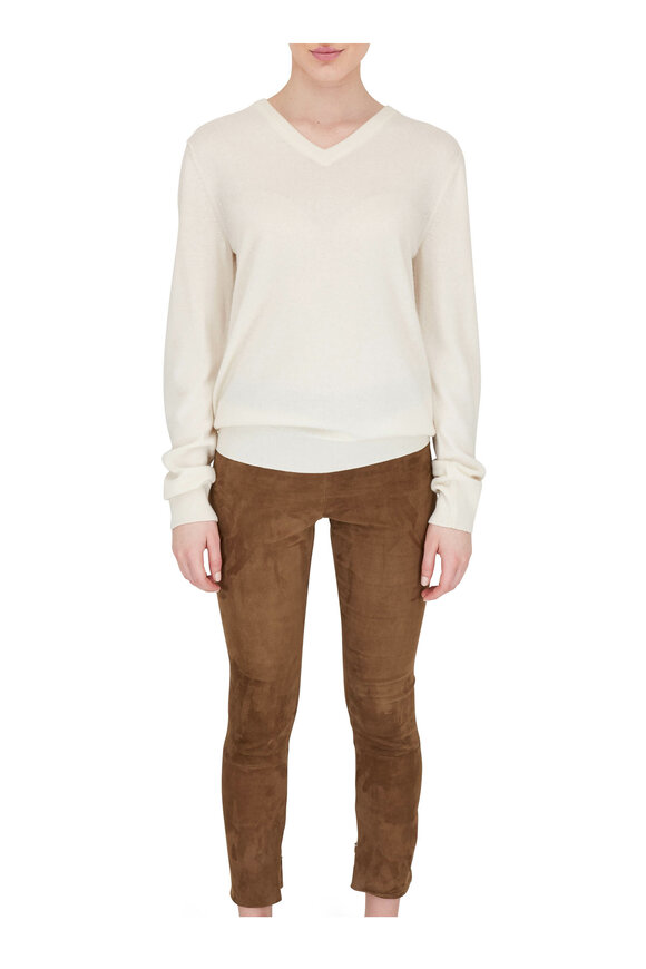 The Row - Maley Ivory Cashmere V-Neck Sweater