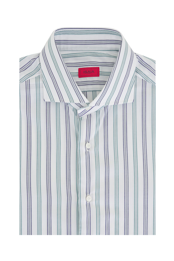 Isaia White & Green Cotton Stripe Dress Shirt 