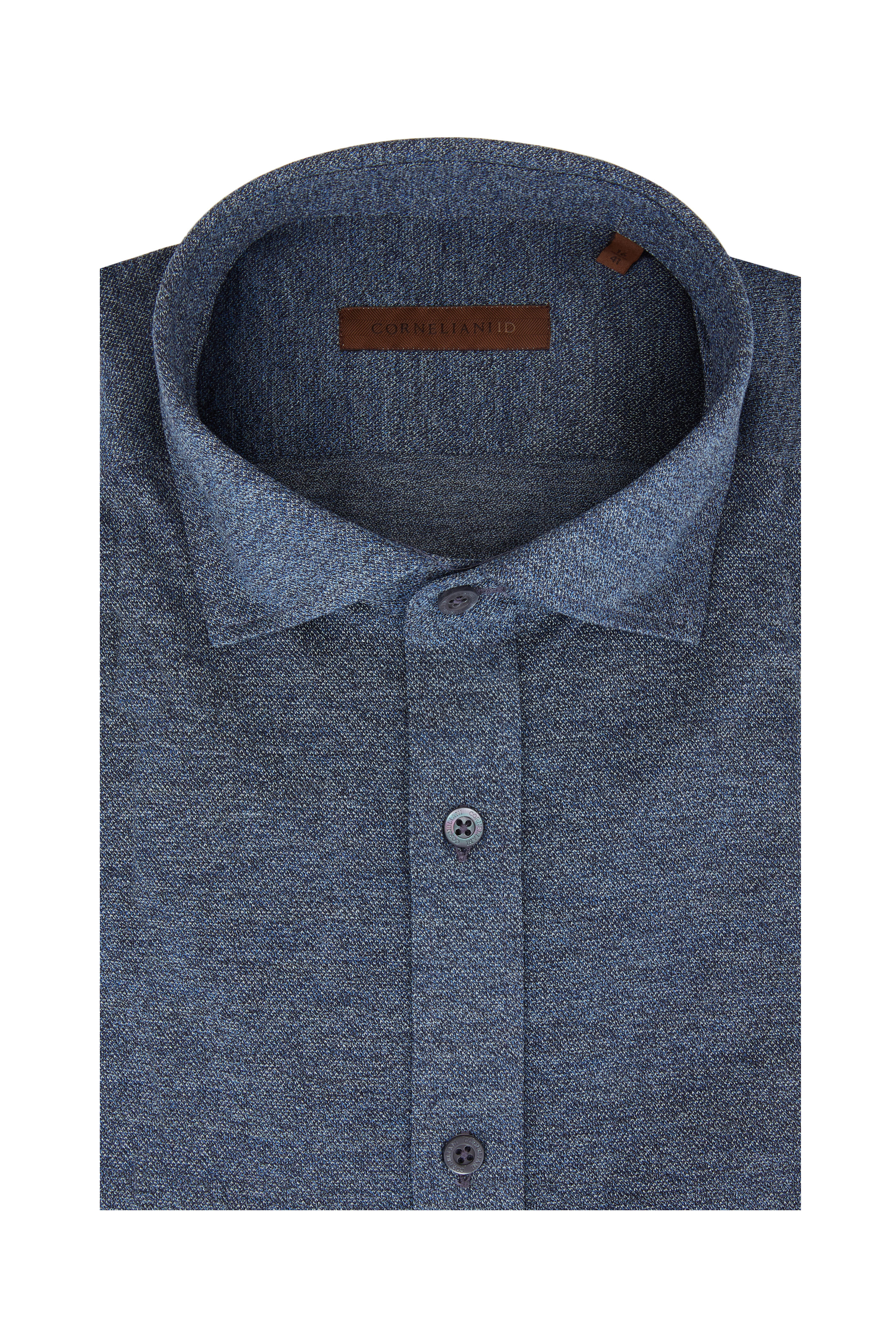 Corneliani - Flecked Blue Piqué Jersey Knit Sport Shirt