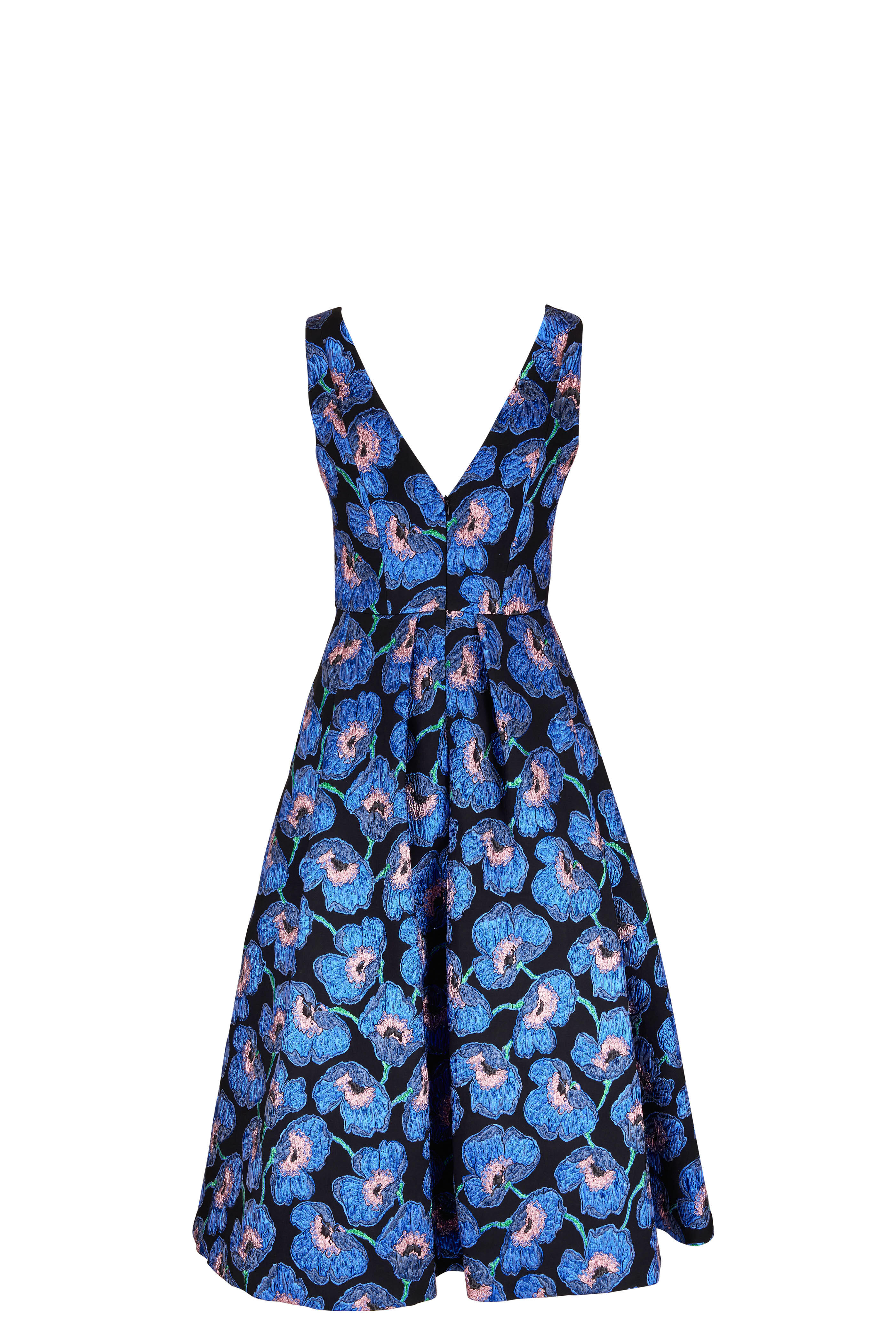 Carolina Herrera - Sleveless Blue Metallic Floral Midi Dress