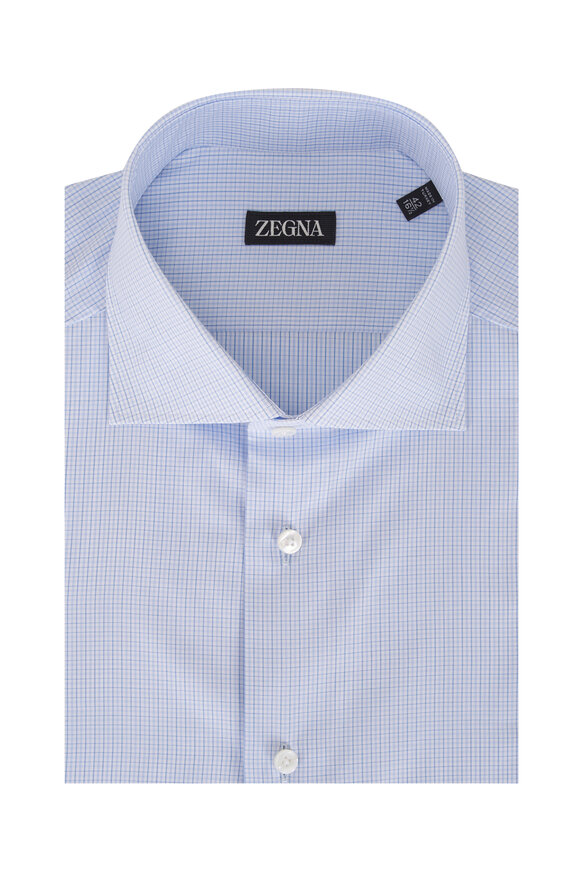 Zegna Small Blue Check Cotton Dress Shirt