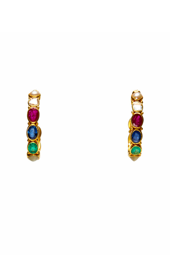 Van Gelder 18k Yellow Gold Navaratna Planets Hoops