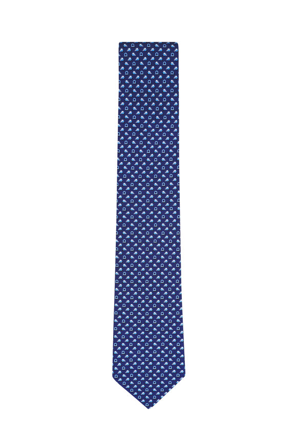 Ferragamo Navy Blue Elephant Print Silk Necktie