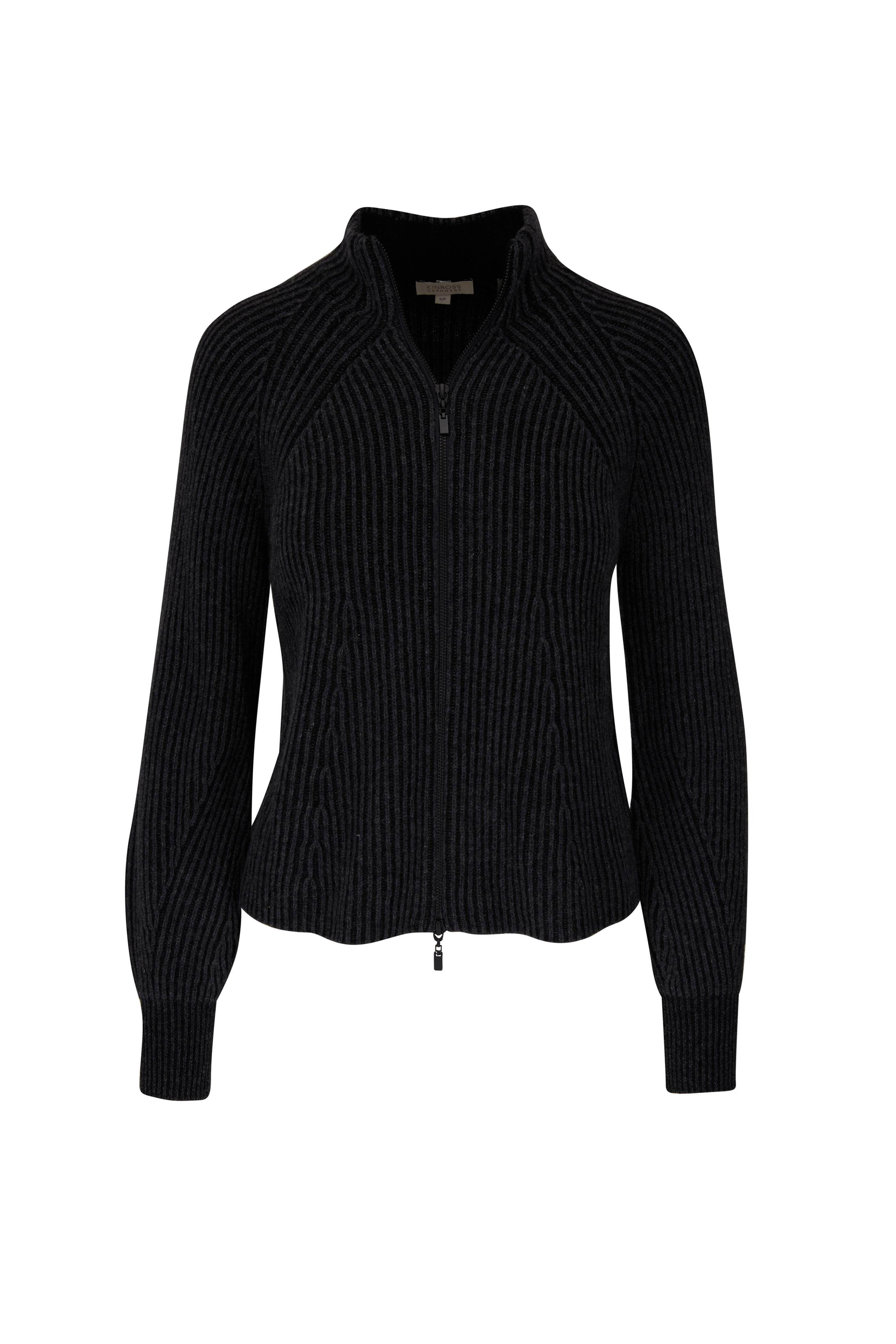 Kinross - Charcoal & Black Cashmere Plaited Zip Cardigan