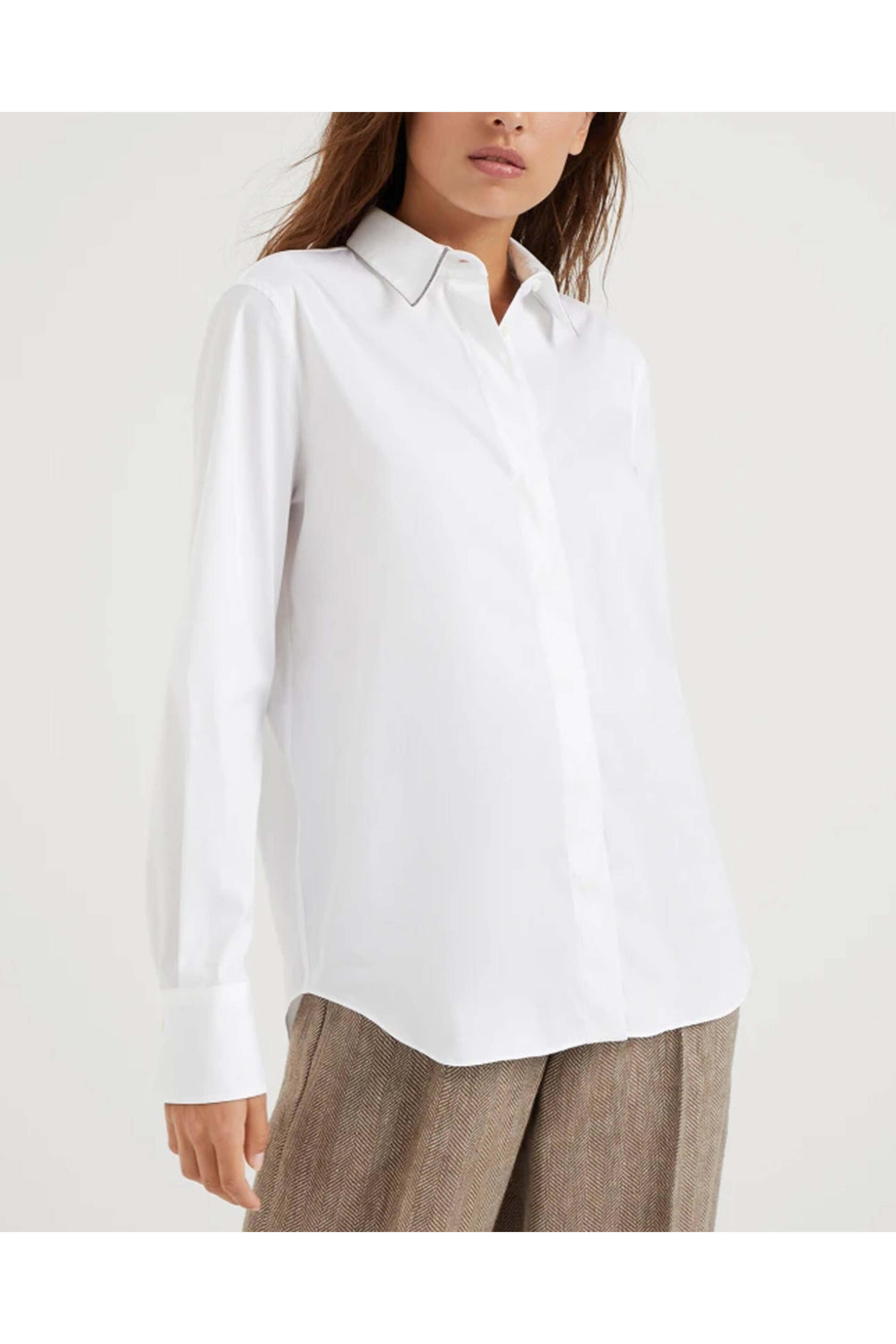 Brunello Cucinelli - White Monili Trim Collar Button Up Shirt
