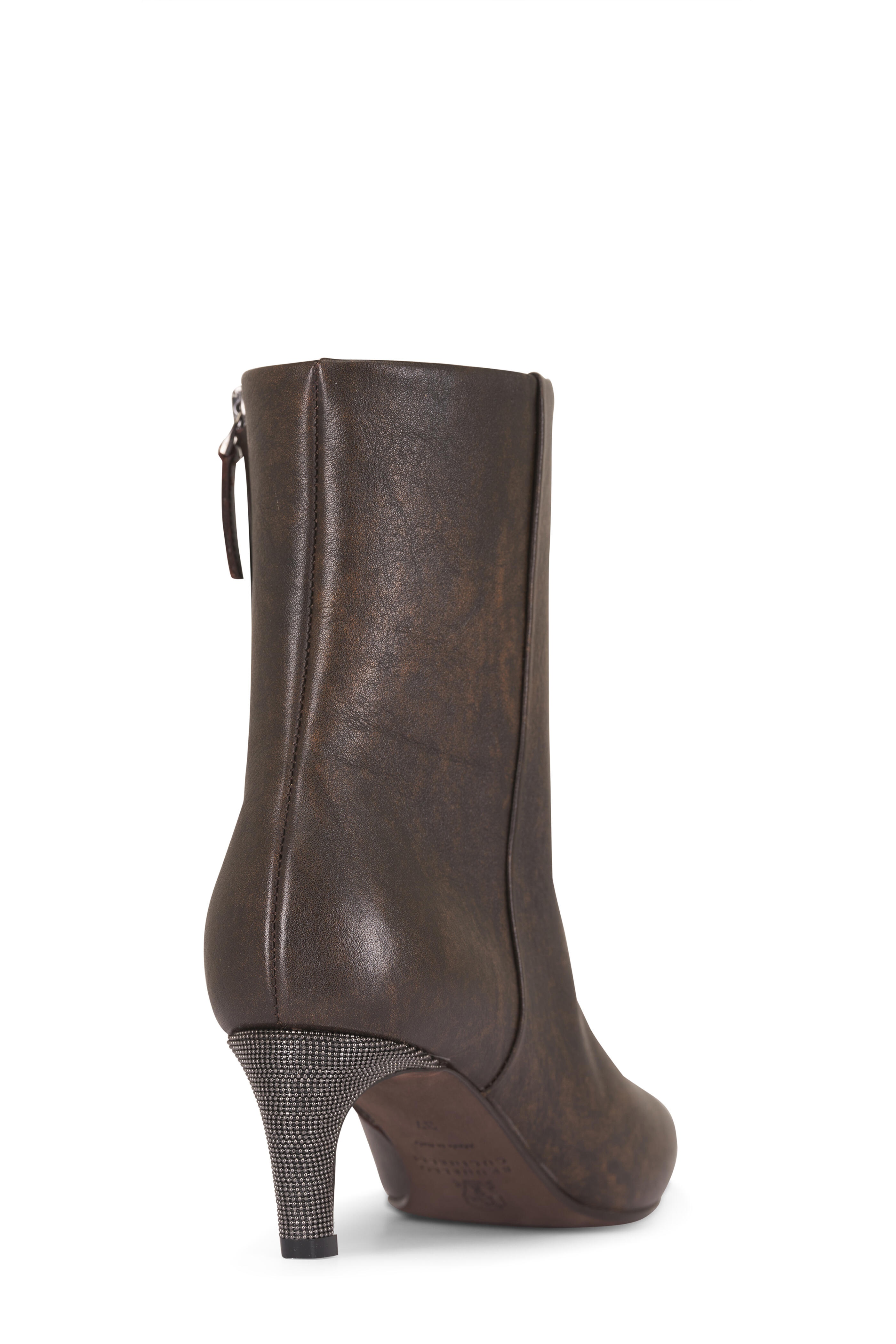 Brunello Cucinelli - Brown Leather Monili Heel Ankle Boot, 50mm