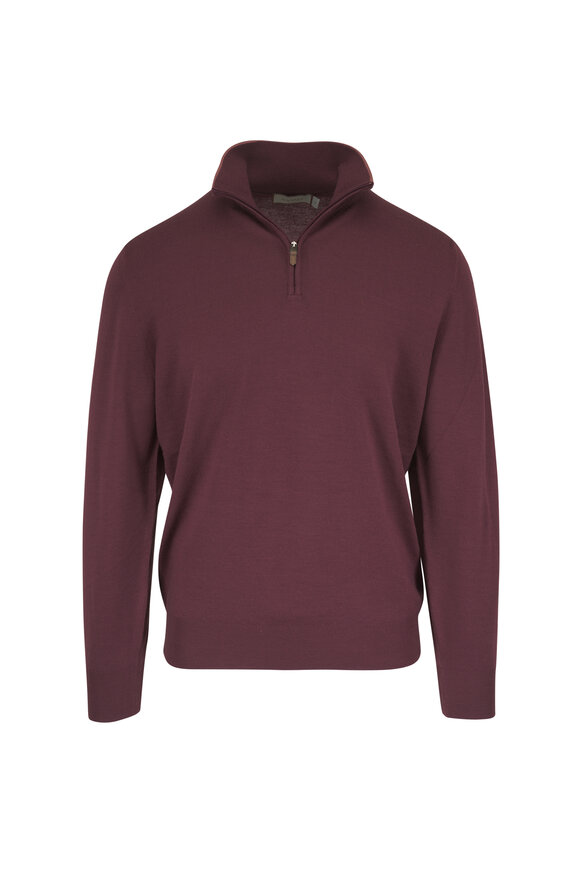 Canali Claret Tipped Mockneck Wool Quarter Zip Pullover - view 1