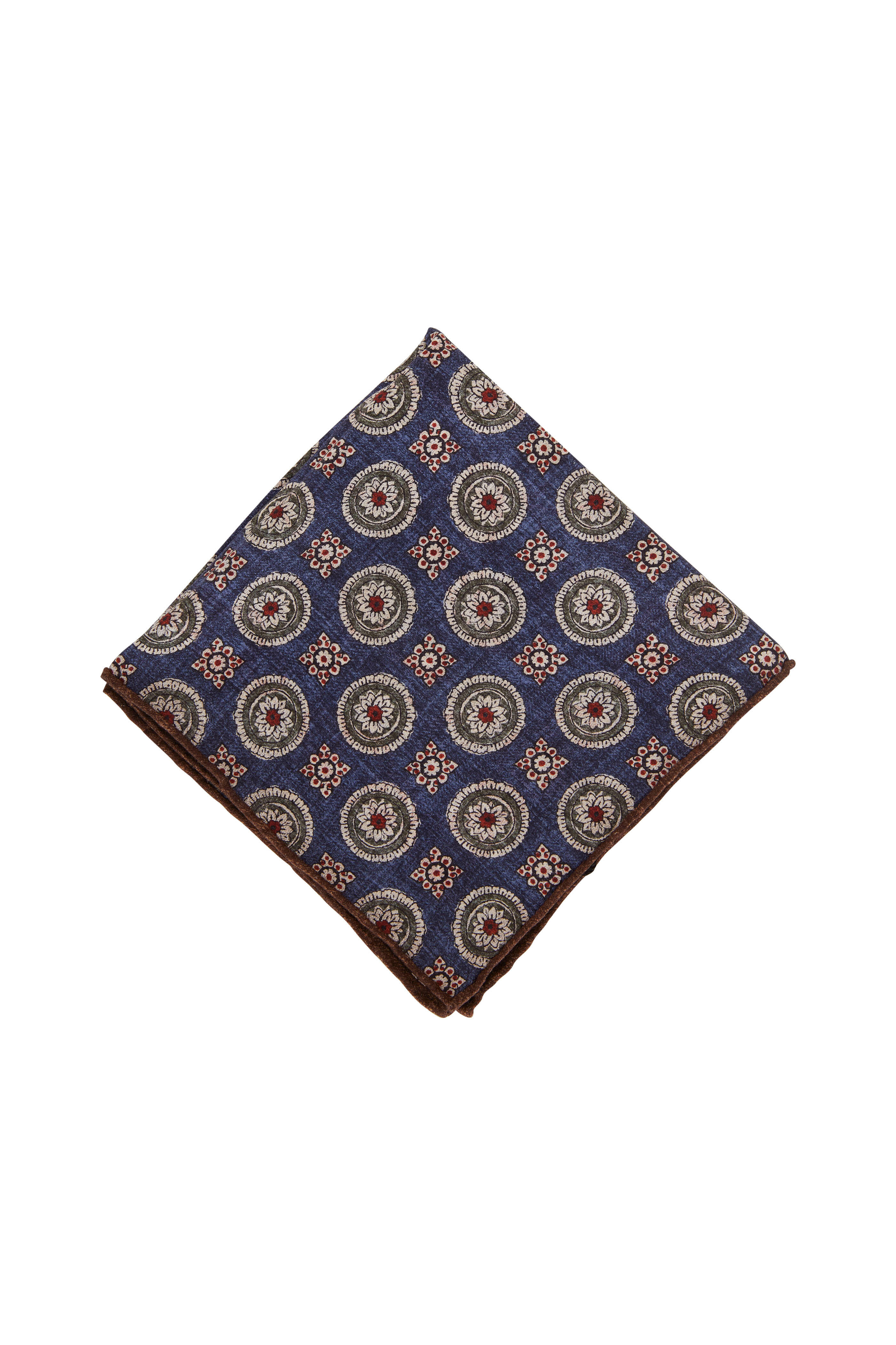 Kiton - Blue & Brown Medallion Print Silk Pocket Square