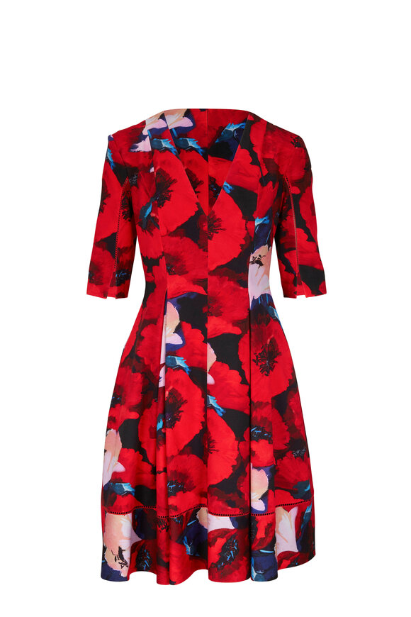 Talbot Runhof - Red Poppies Cotton Piqué Dress 