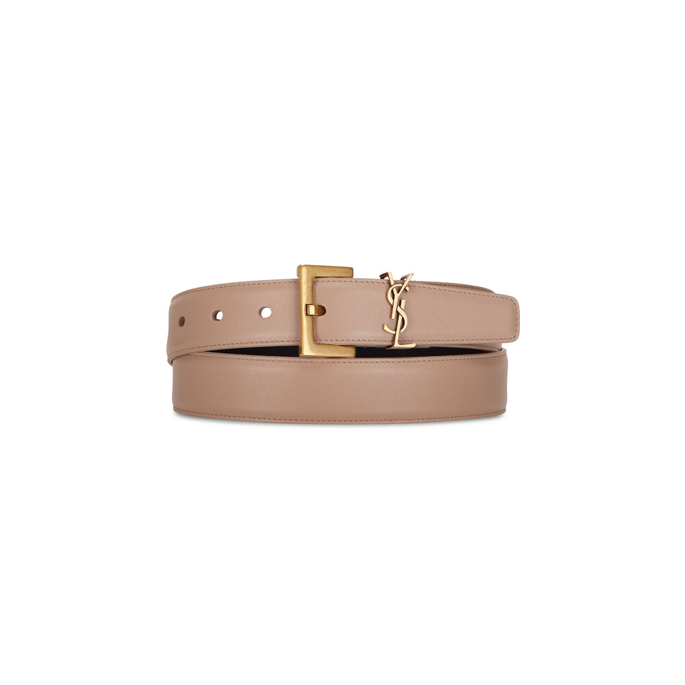 Saint Laurent - Dark Beige Leather Square Buckle Logo Belt