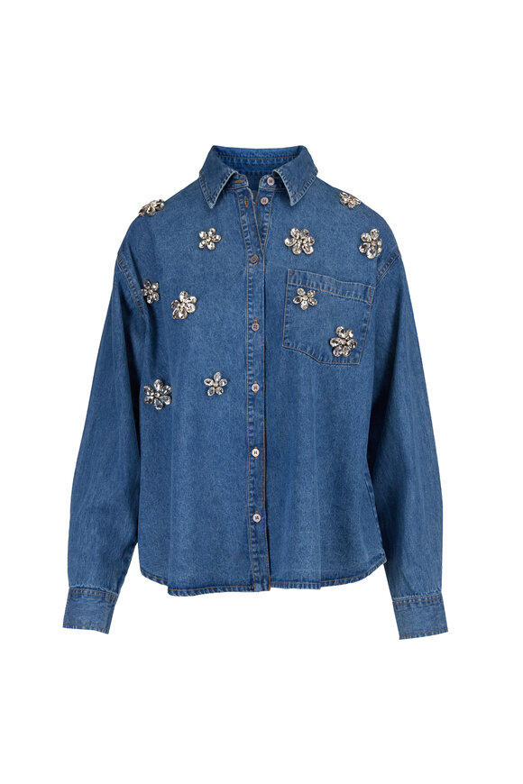 Essentiel Antwerp Floral Rhinestone Blue Denim Shirt - view 1