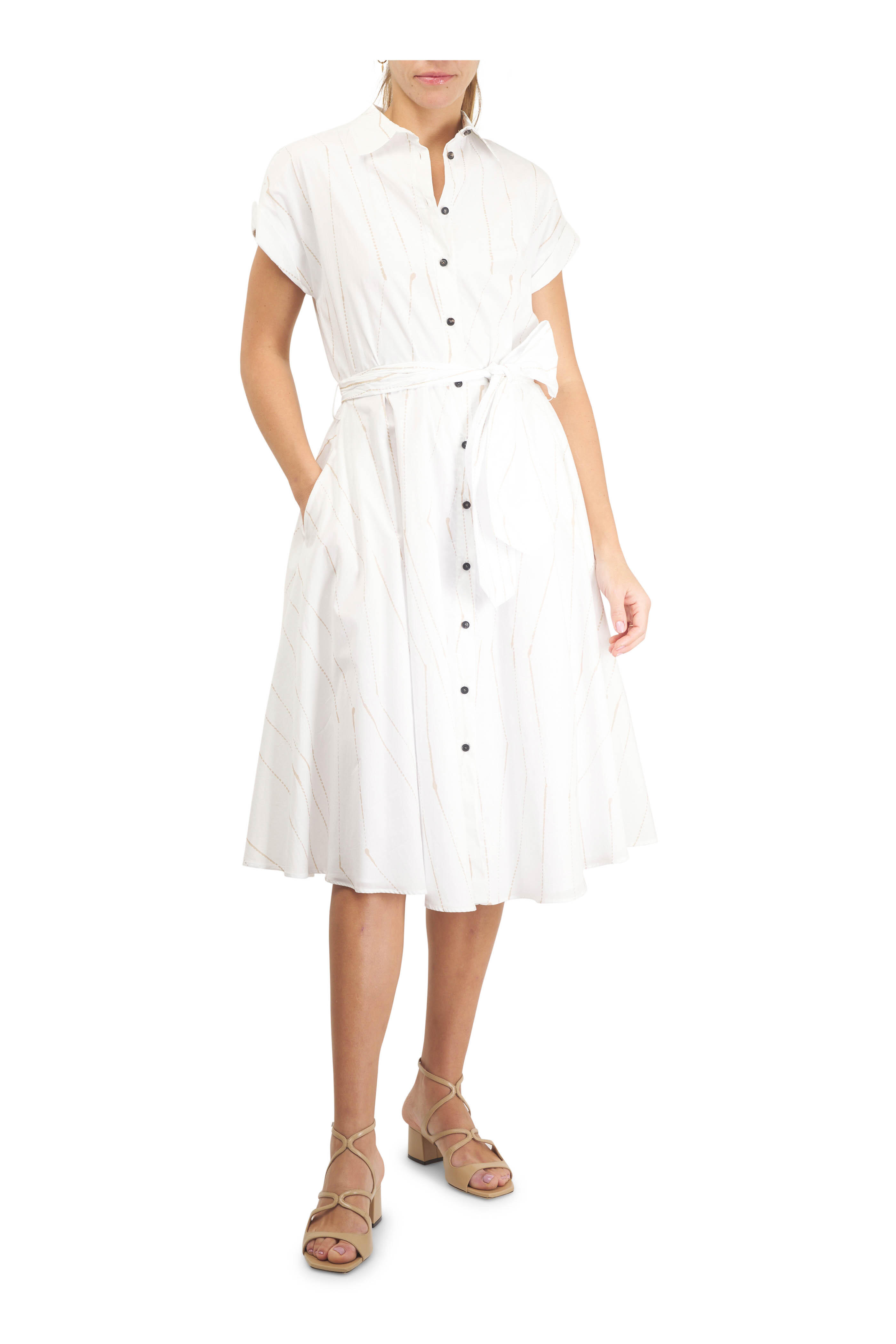 Kiton - White & Tan Stripe Cotton Shirtdress