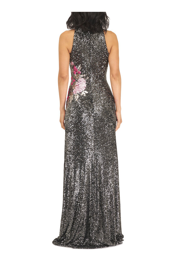 Naeem Khan Floral Applique Stretch Sequin Halter Gown - view 3