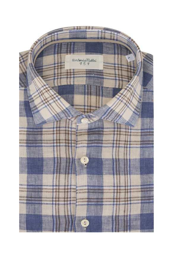 Tintoria Blue & Tan Plaid Linen Sport Shirt