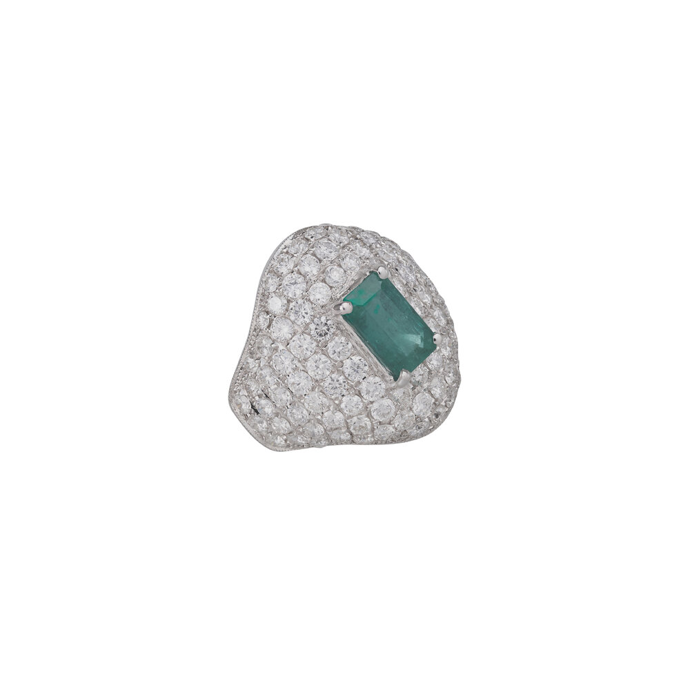Dave Courtney Rings Courtney Davis - 18k White Gold Diamond & Emerald Signet Ring