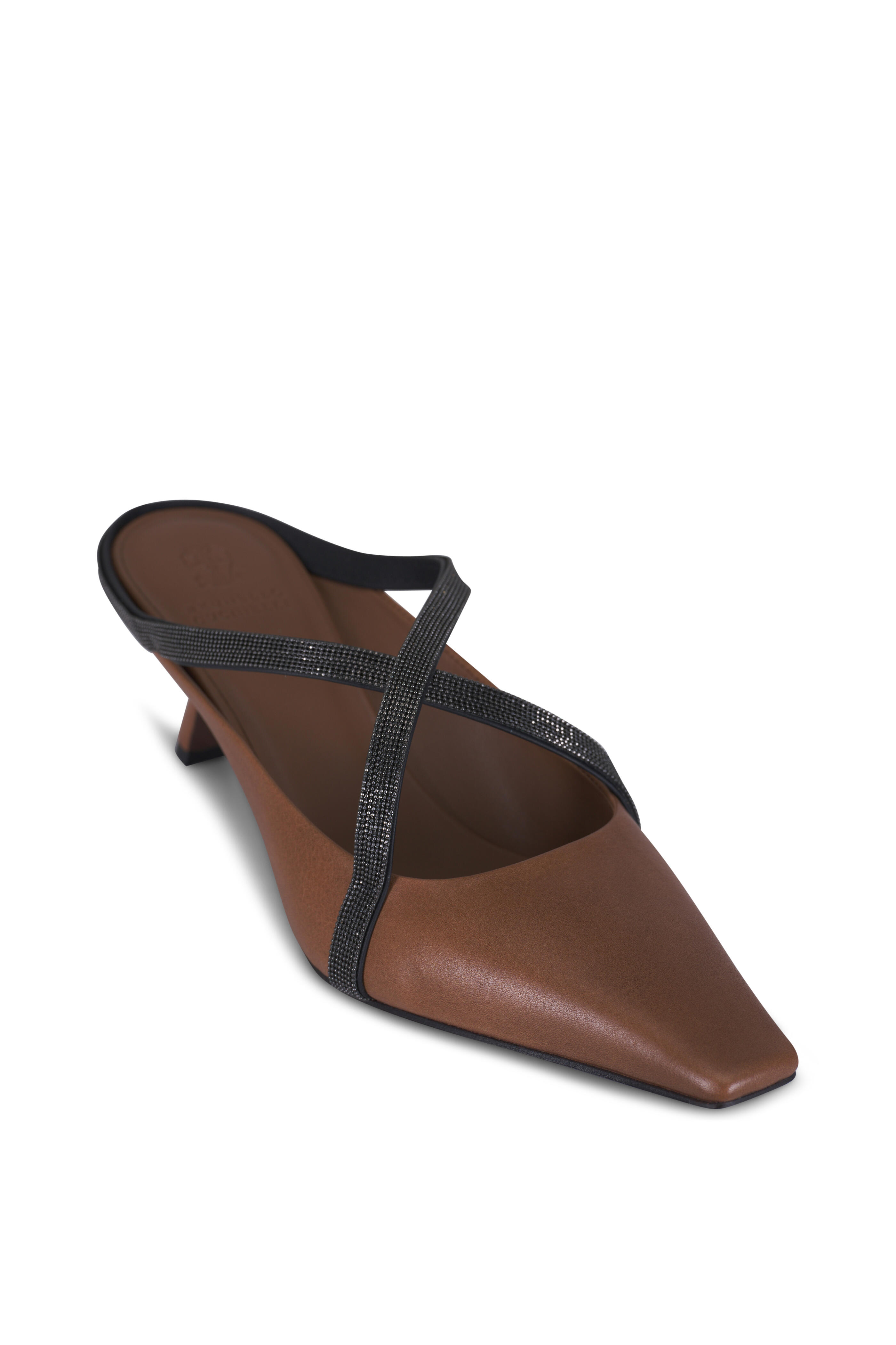 サンダル・ミュール BRUNELLO CUCINELLI FLAT MULES IN BRUSHED LEATHER WITH MONILI Brunello Cucinelli - Sesame Leather Monili Mule, 60mm