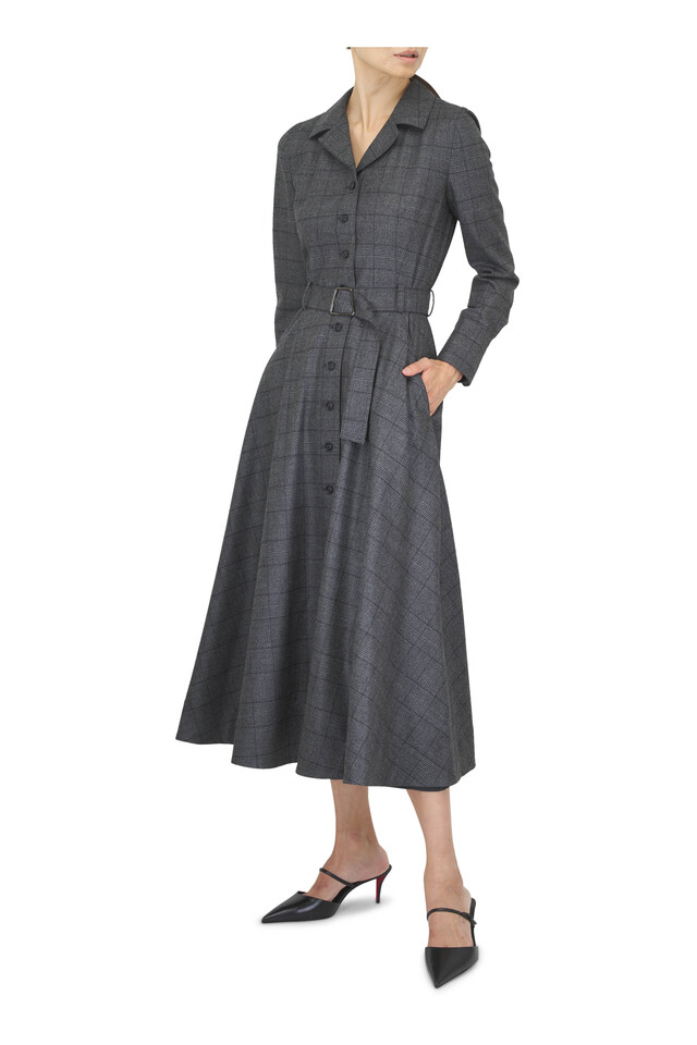Designer outfit featuring Charcoal Gray Wool Flared Midi Dress and Milena Black Leather Mule, 60mm