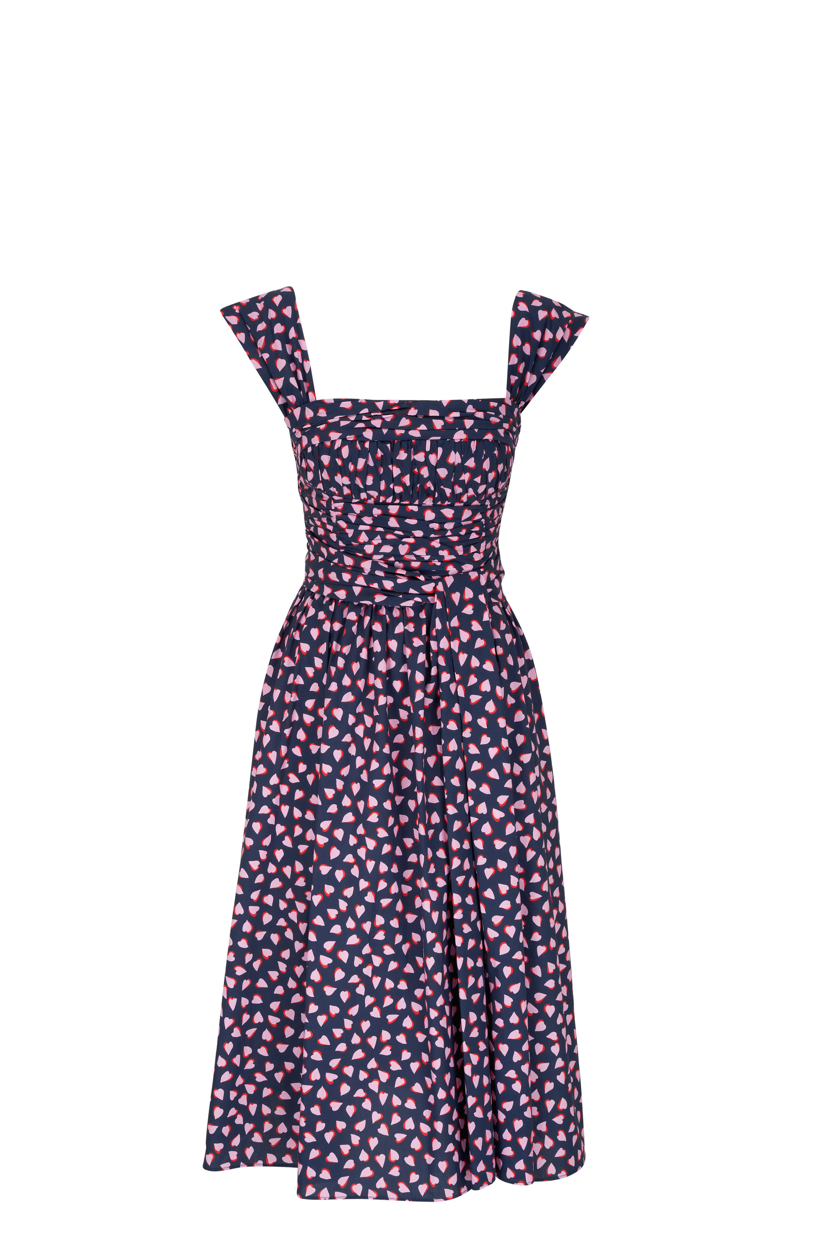 Carolina Herrera - Midnight Multi Heart Print Gathered Midi Dress