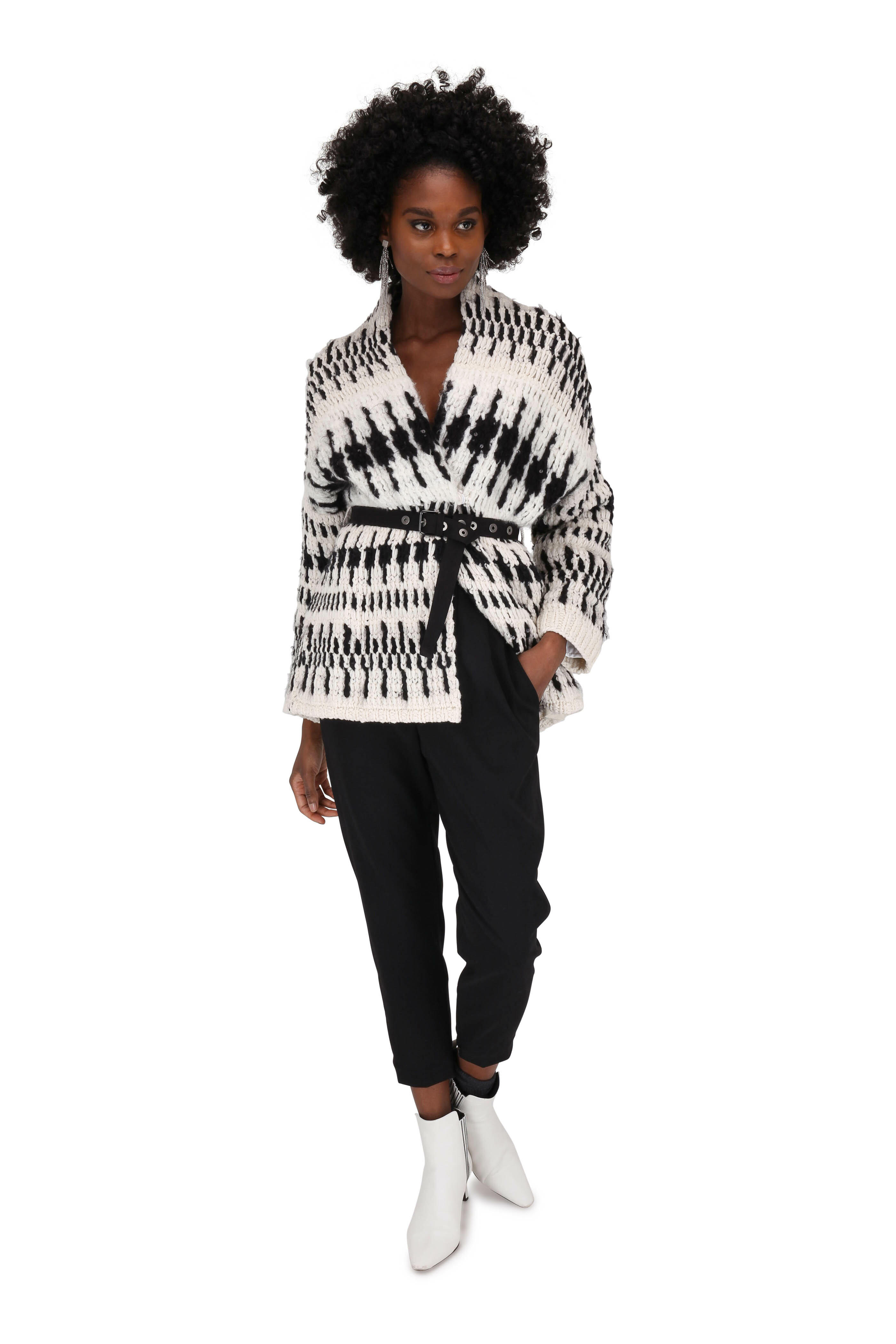 Brunello Cucinelli - Black & White Aztec Cashmere Belted Cardigan