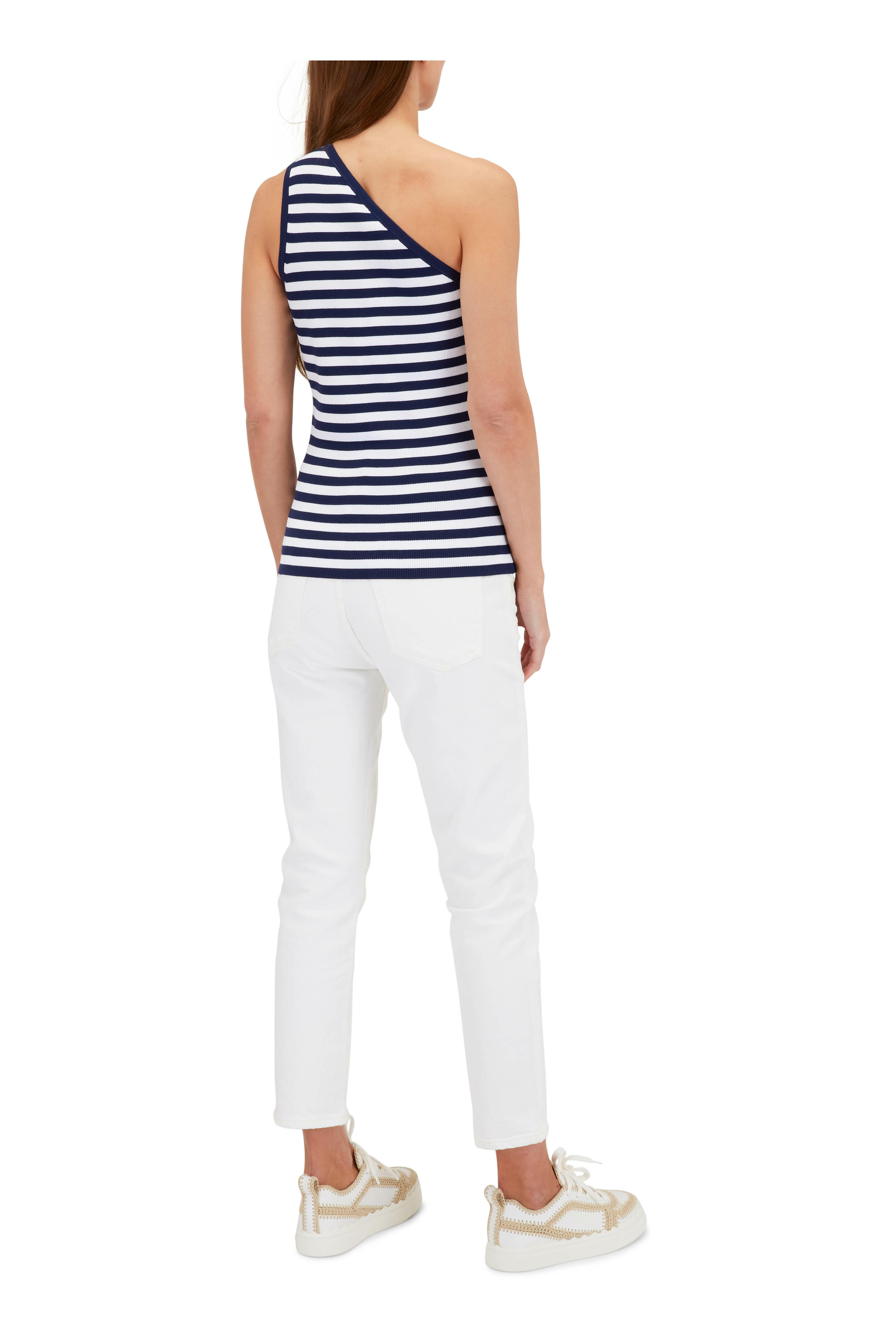 Michael Kors Collection - Navy & White Stripe One Shoulder Tank