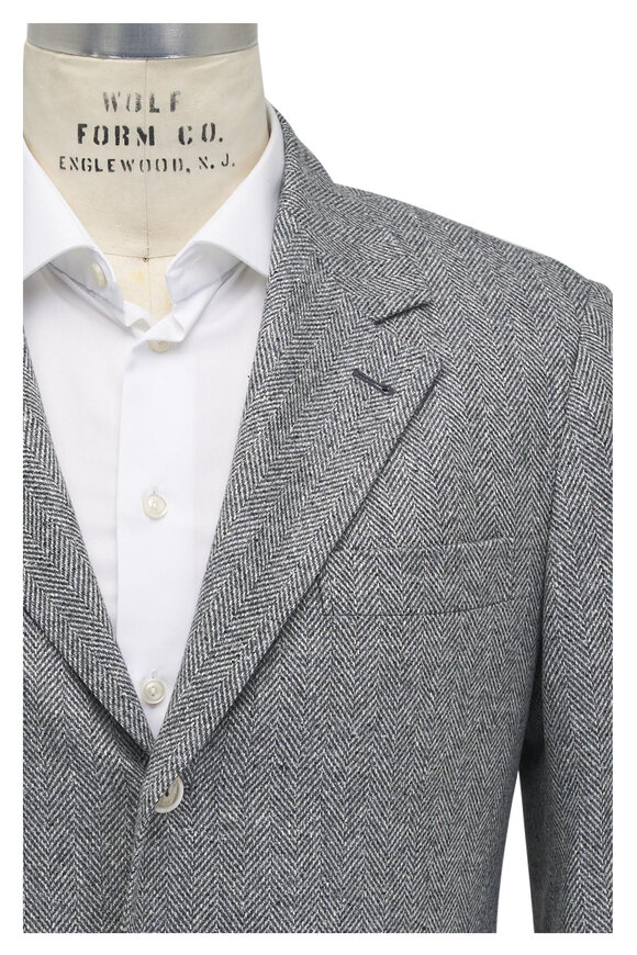 Brunello Cucinelli Herringbone Light Grey Wool Blended Sportcoat