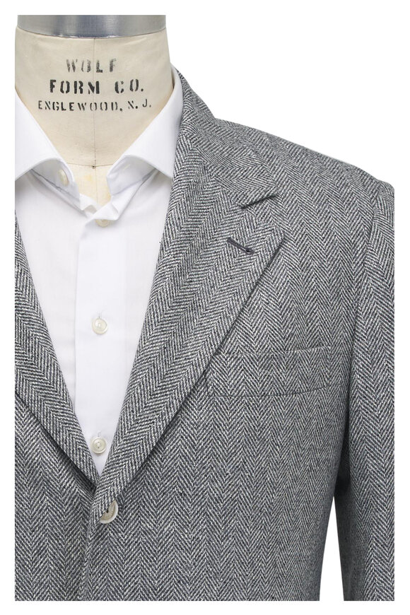 Brunello Cucinelli Herringbone Light Gray Wool Blended Sportcoat