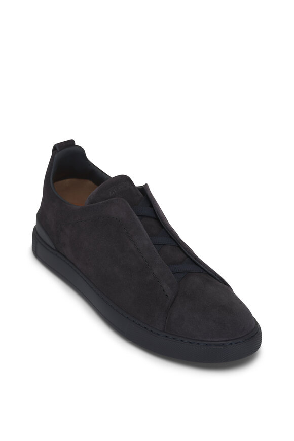 Zegna Triple Stitch Navy Suede Low Top Sneaker 