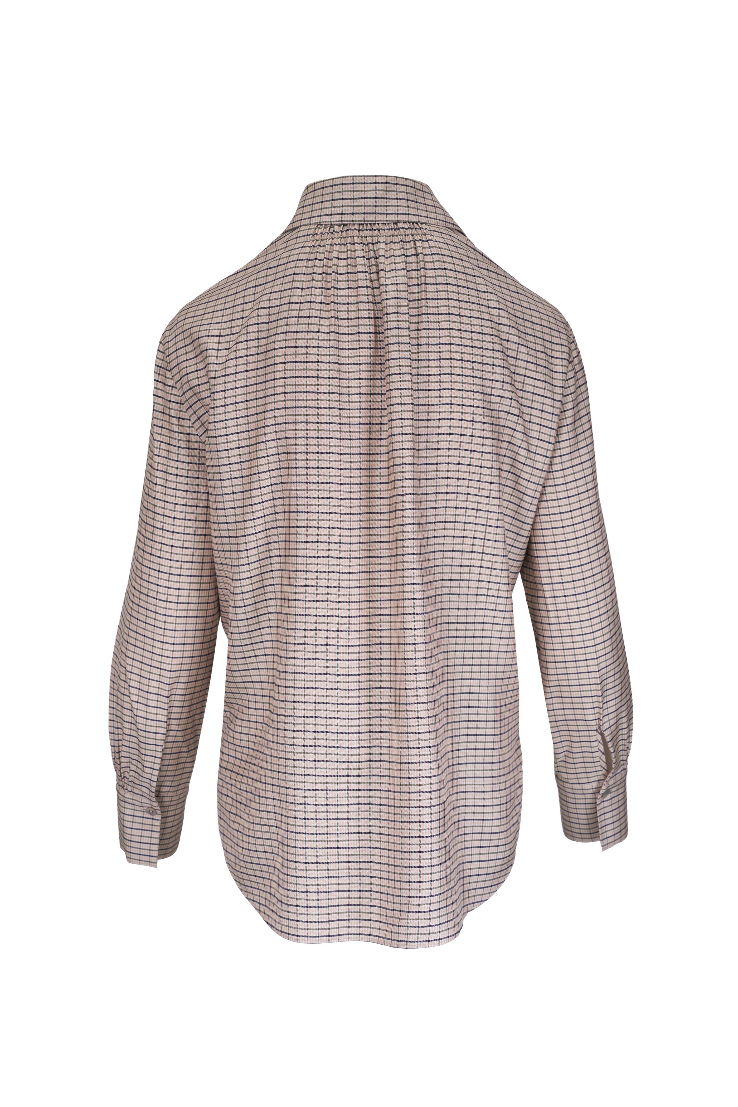 Vince - Taupe Multi Smocked Micro Check Button Down Shirt