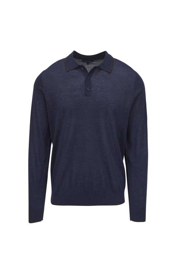 Patrick Assaraf Dark Blue Extra Fine Merino Wool Button Polo