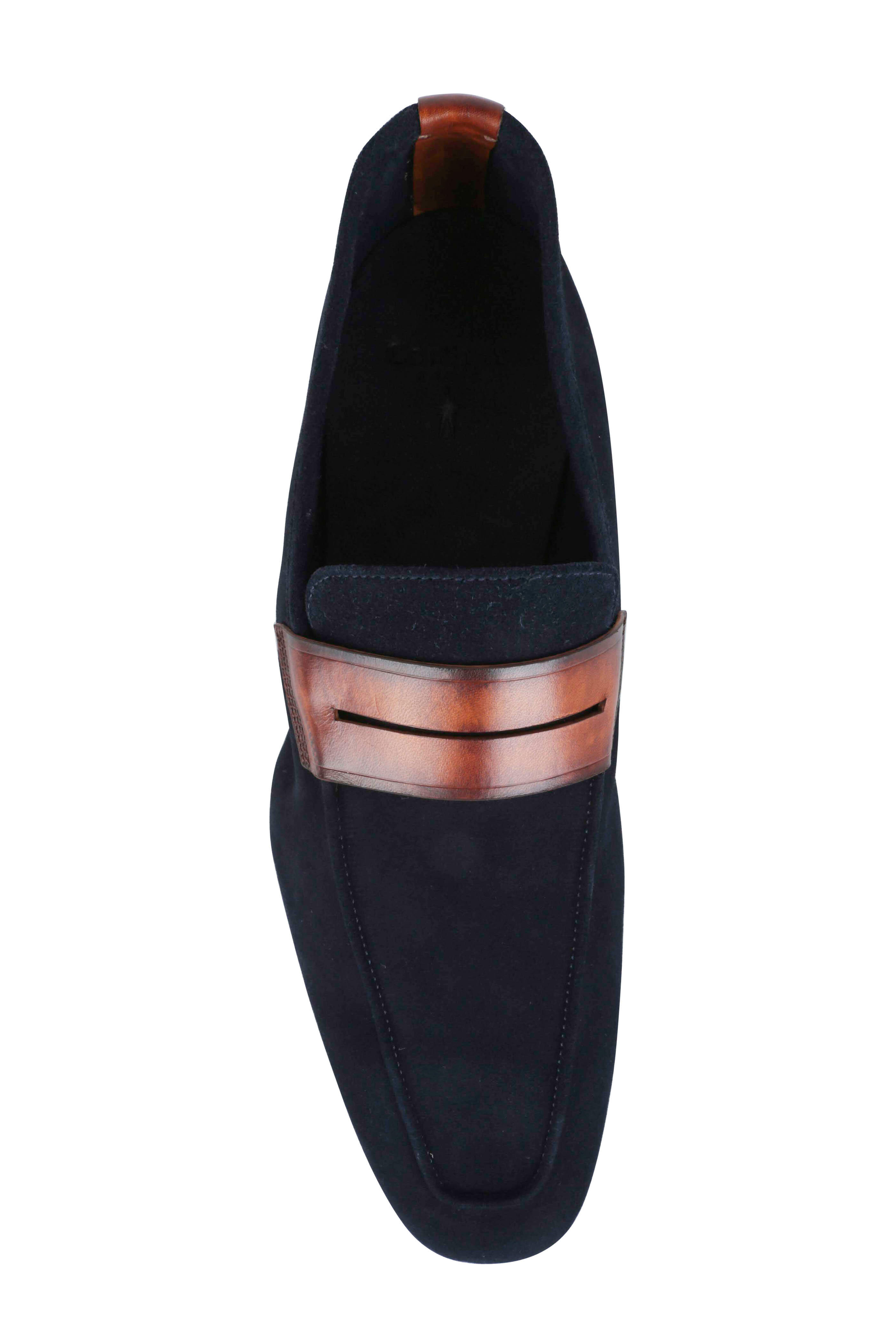Corthay ネイビーグレースエード ローファー Corthay - Tahiti Navy Blue Suede Penny Loafer | Mitchell Stores