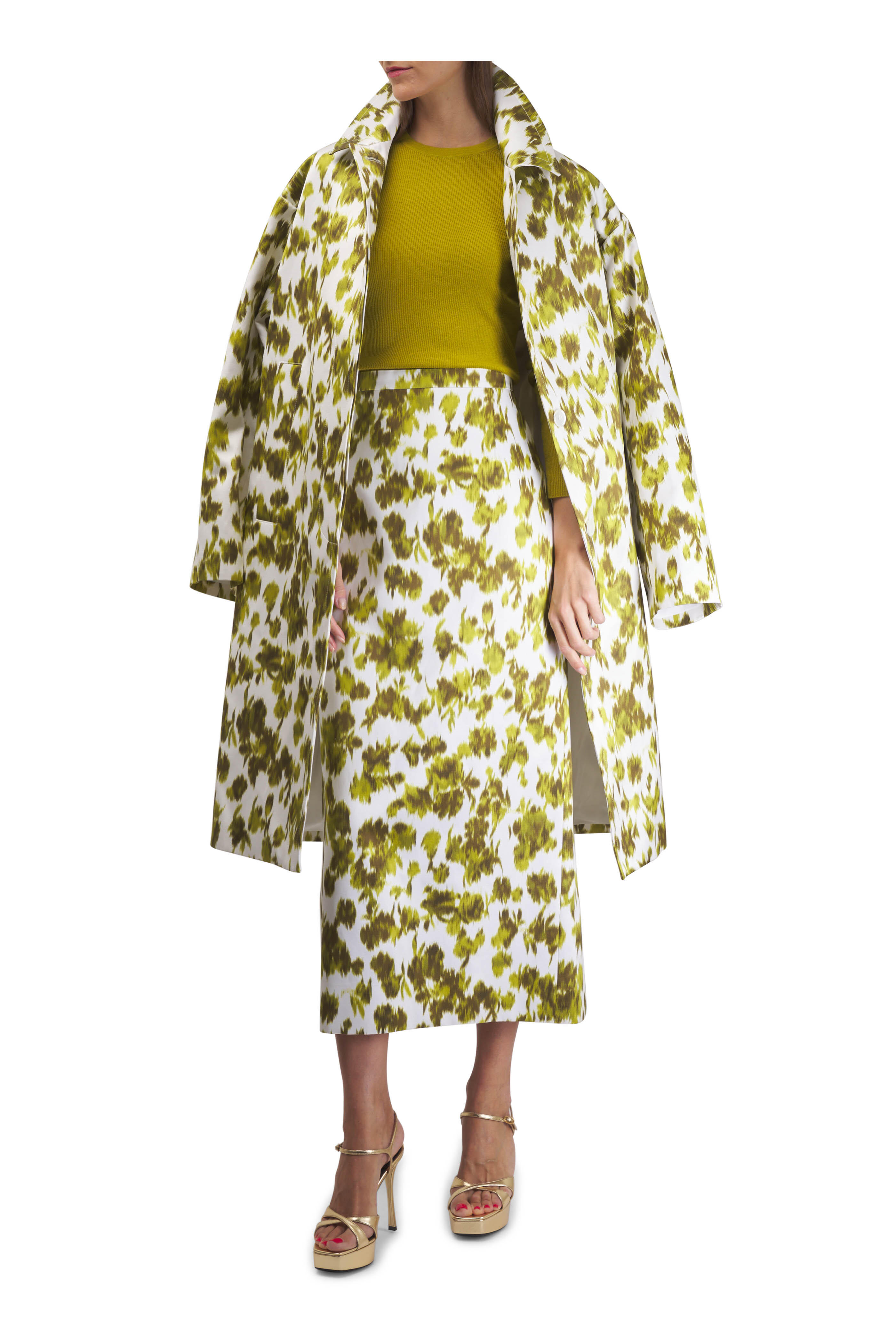 Michael Kors Collection - Floral Moss & White Satin Pencil Skirt