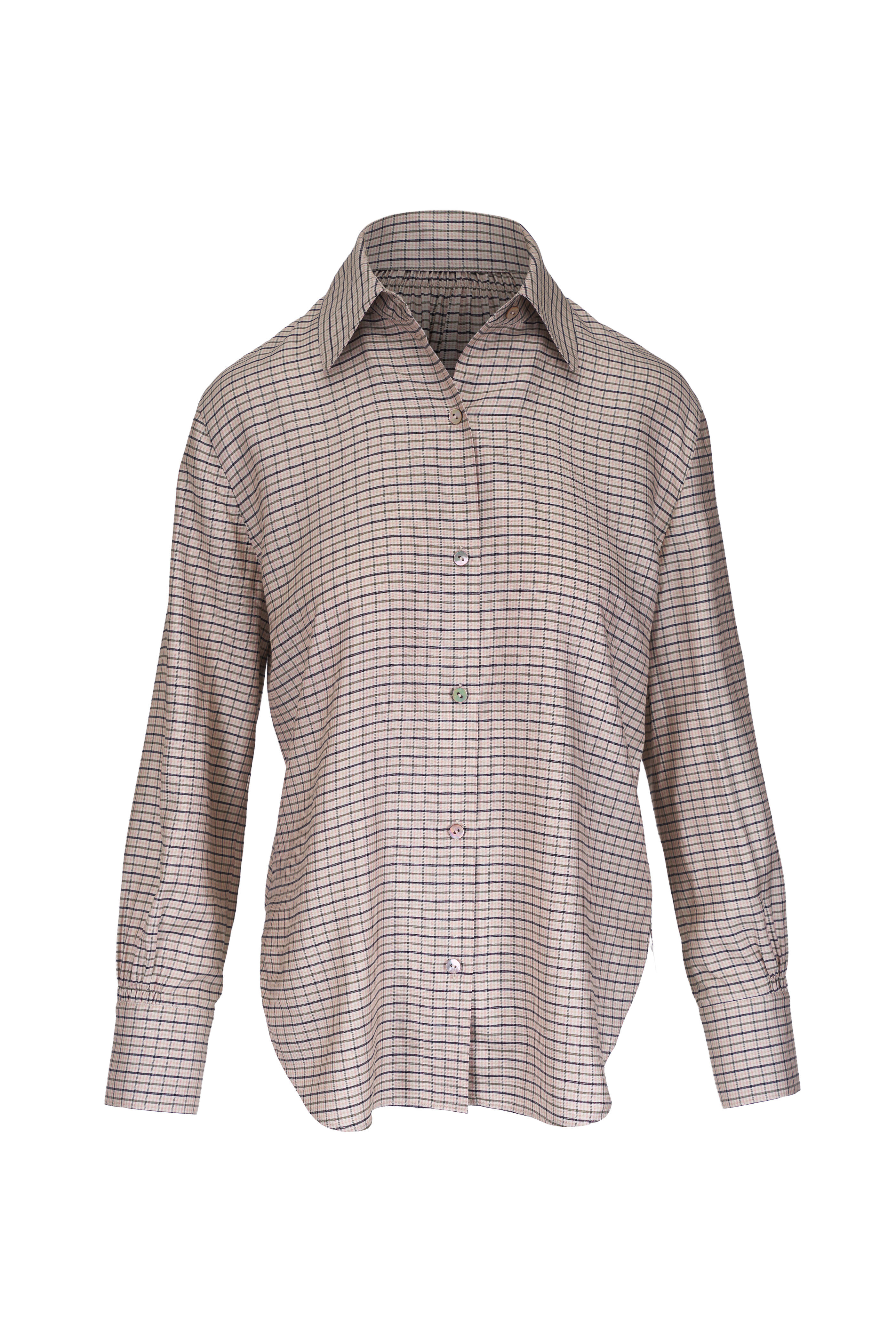 Vince - Taupe Multi Smocked Micro Check Button Down Shirt
