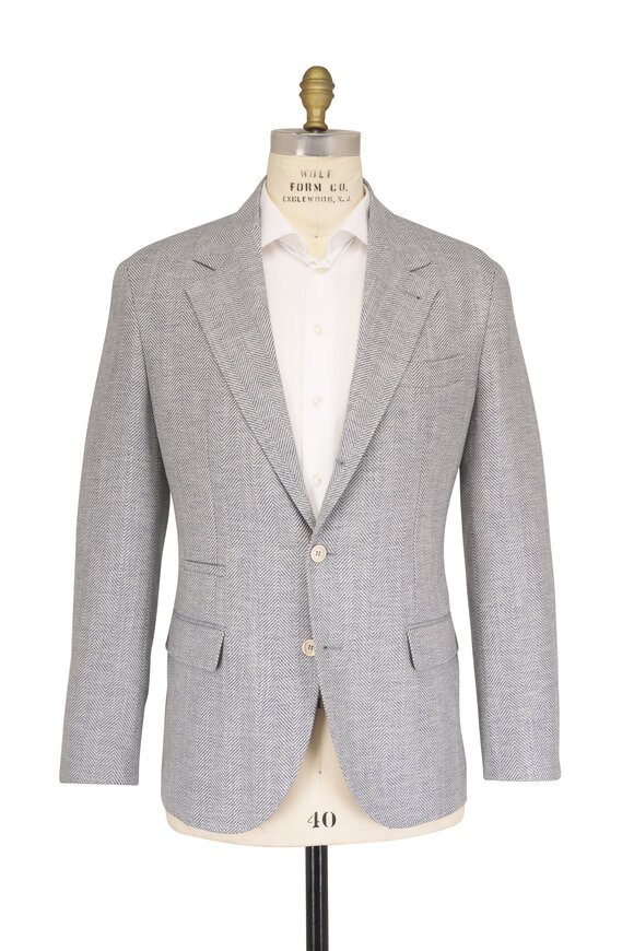 Brunello Cucinelli Light Blue Wool & Cashmere Chevron Sportcoat - view 2