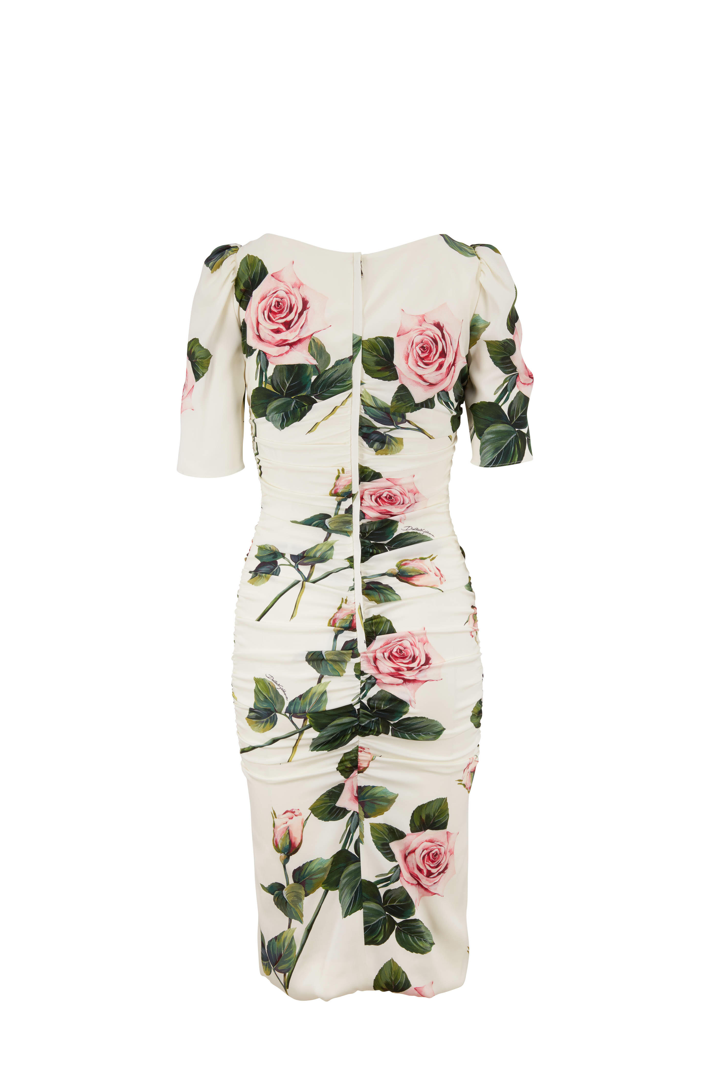 Dolce & Gabbana - Ivory SIlk Rose Print Ruched Short Sleeve Dress