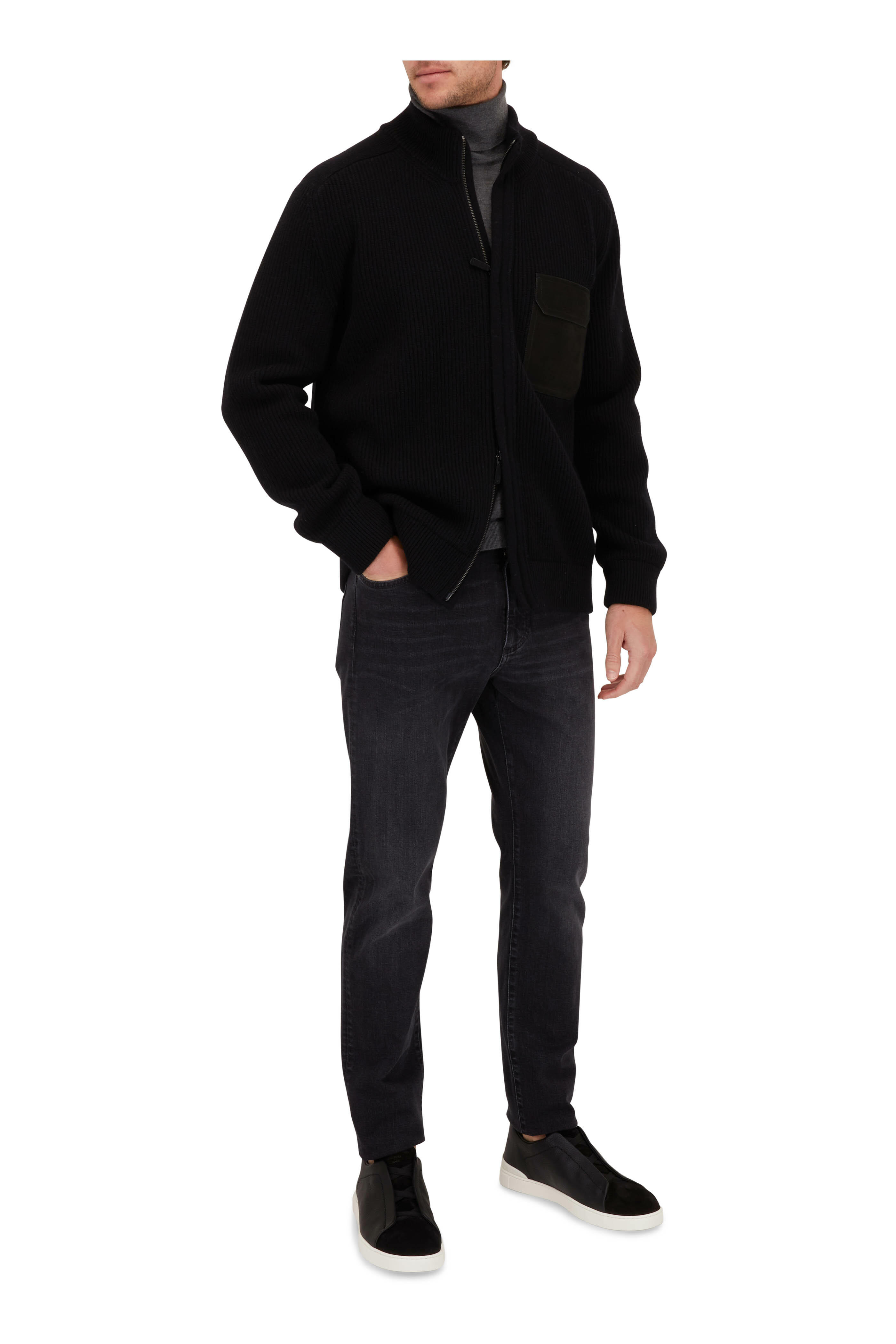 Zegna - Black Ribbed Full Zip Sweater