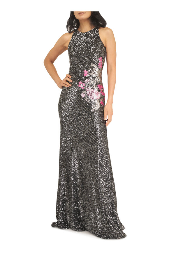 Naeem Khan Floral Applique Stretch Sequin Halter Gown - view 2