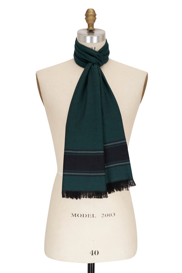 Isaia - Teal, Black & Gray Striped Cashmere Scarf 
