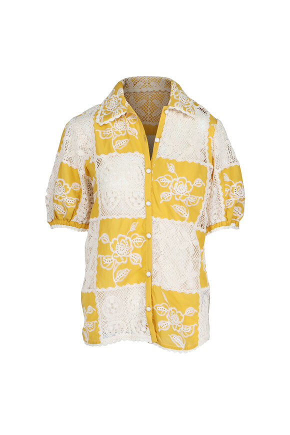 Farm Rio Lace Yellow & White Short Sleeve Shirt