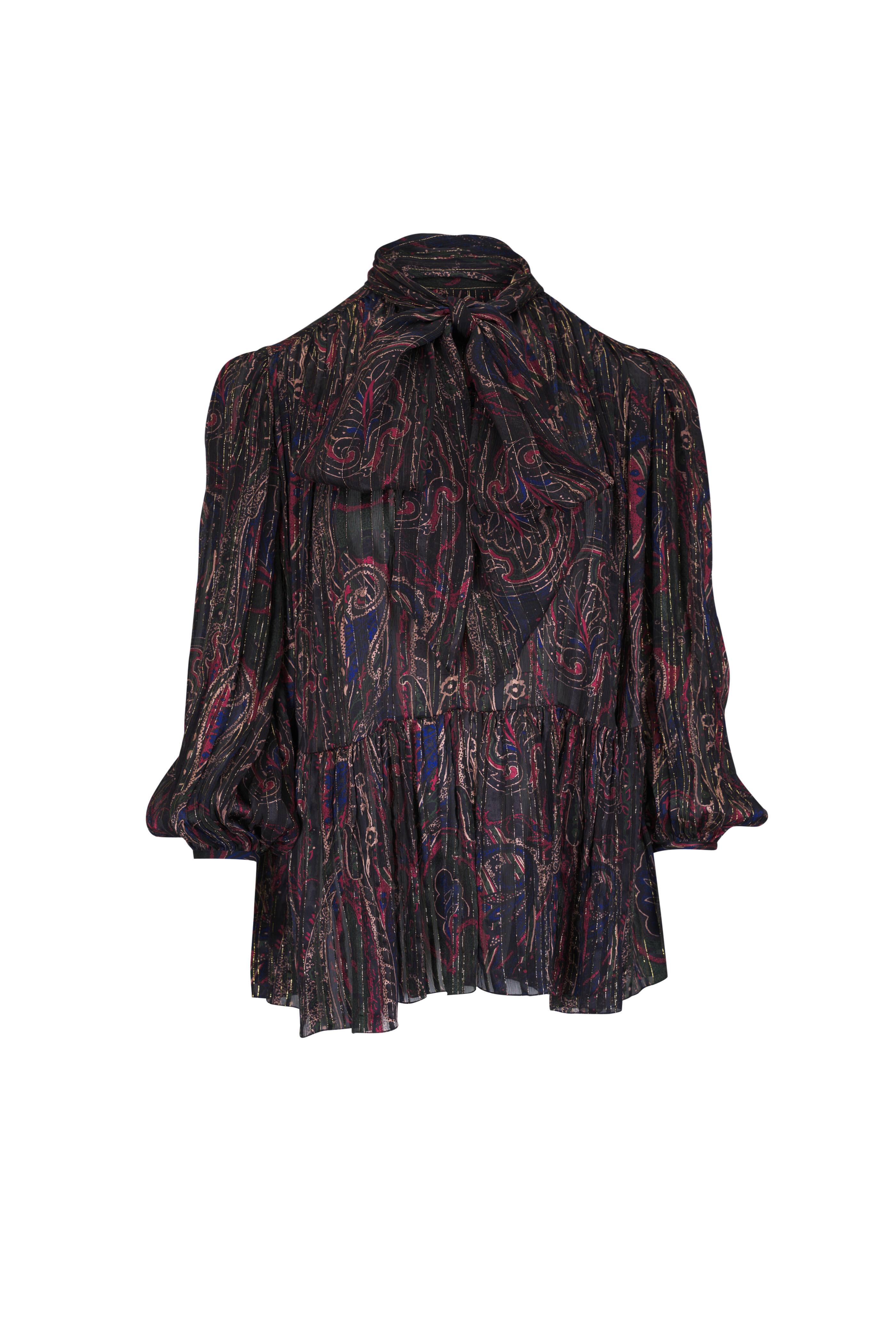 【関税&送料込】Saint Laurent Paisly Dress Black Pleated tiered paisley-print metallic silk-blend