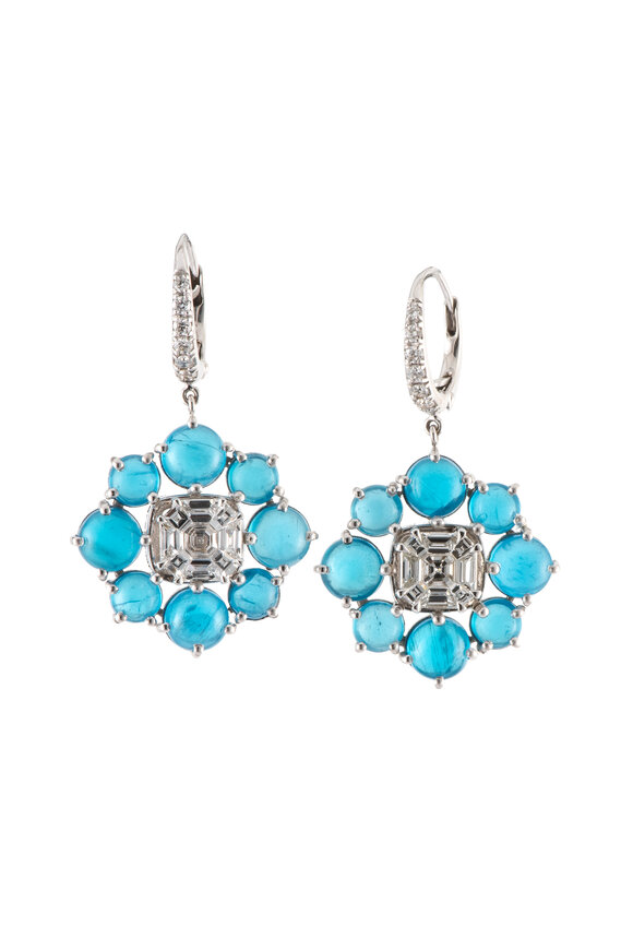Sylva & Cie Platinum Diamond & Turquoise Flower Earrings - view 1
