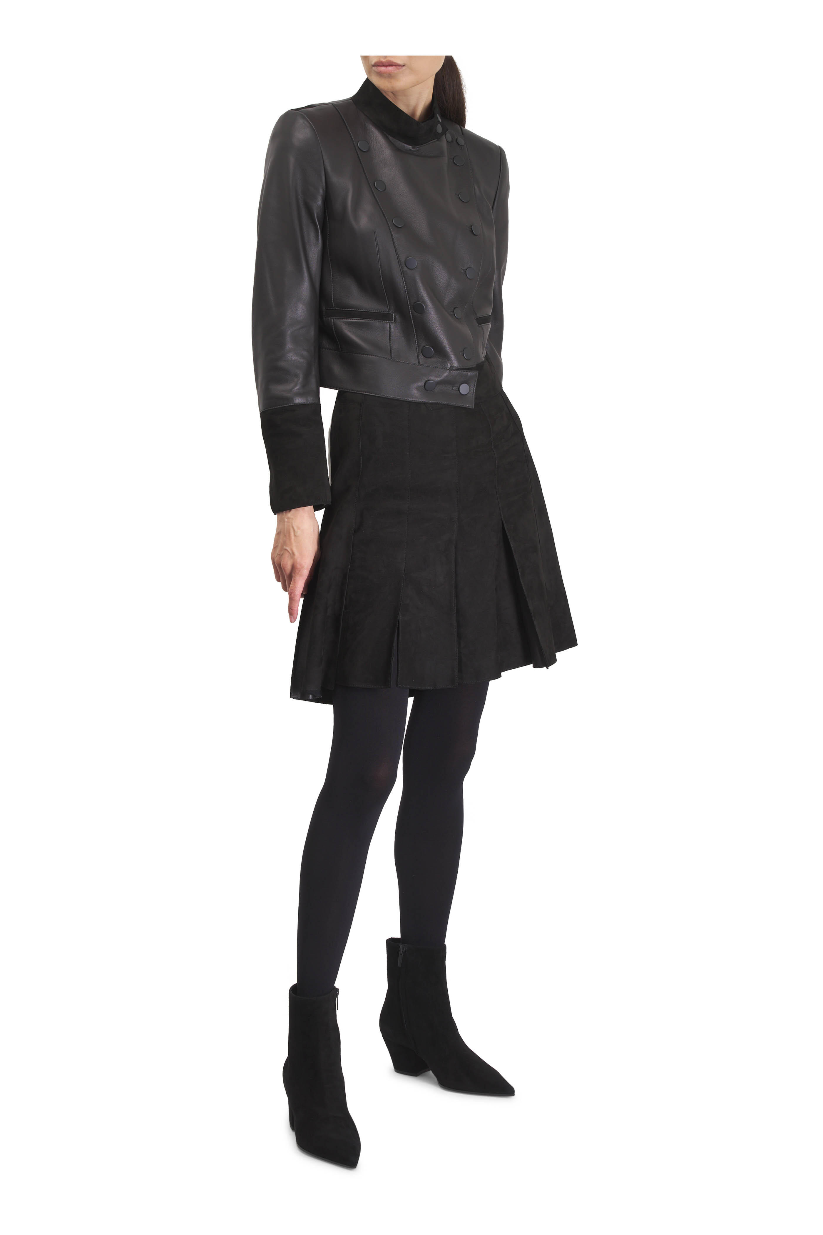 Akris - Black Leather & Suede Pleated Mini Skirt