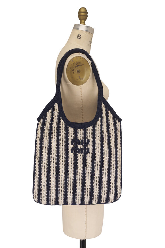 Miu Miu Ivy Navy & Chalk White Stripe Crochet Tote - view 6