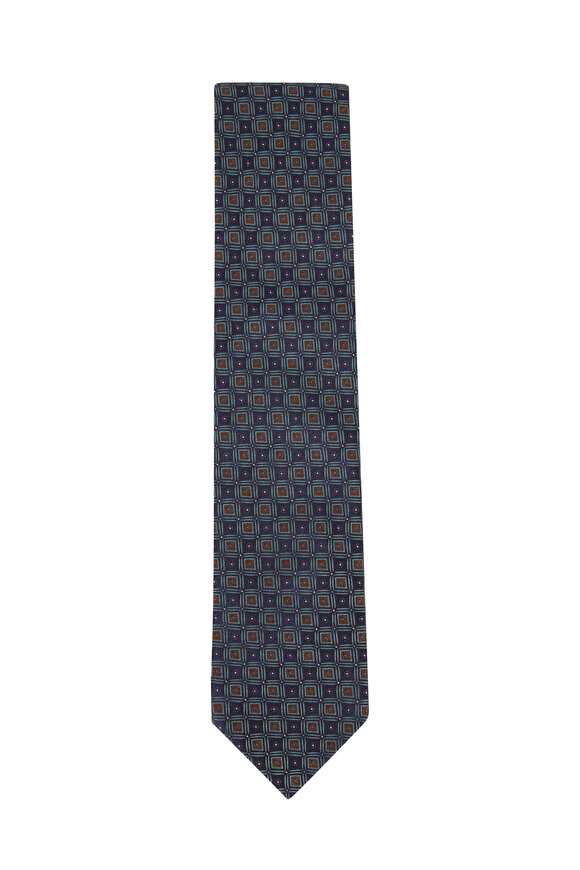 Eton - Navy Blue & Green Geometric Silk Necktie