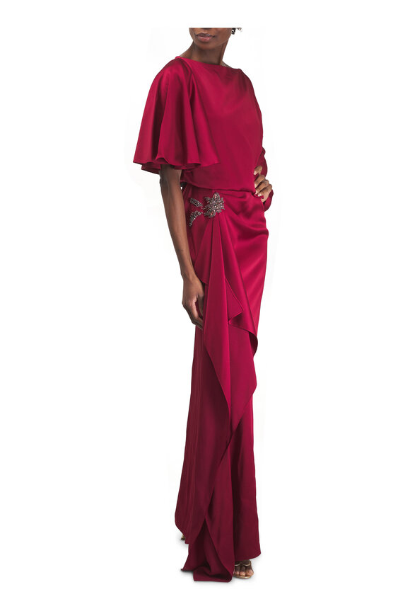 Erdem Embellished Ruby Satin Cady Draped Gown - view 2