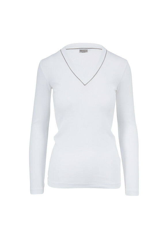 Brunello Cucinelli - White Monili Trim V-Neck Long Sleeve T-Shirt