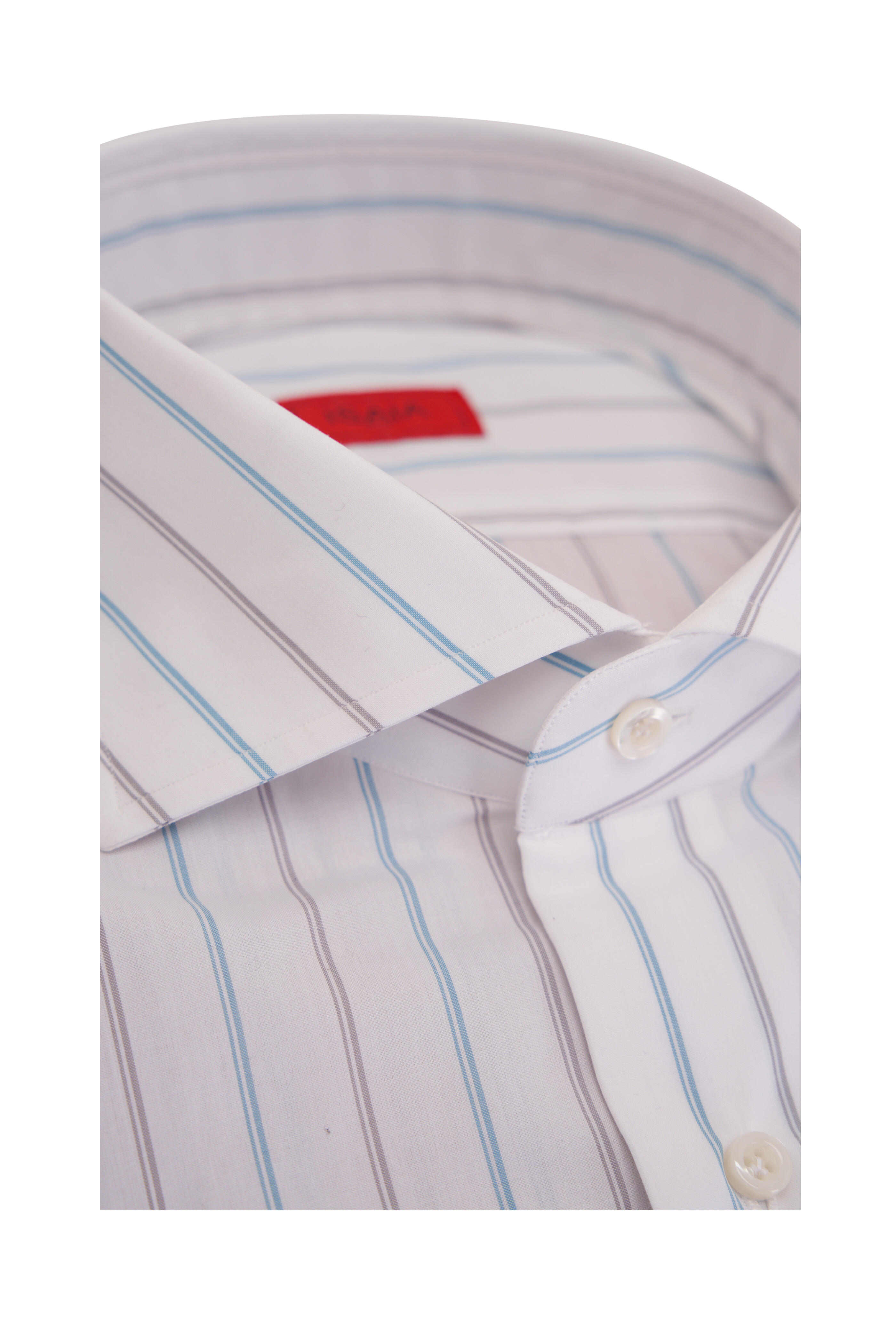 Isaia - White, Teal & Gray Stripe Cotton Dress Shirt