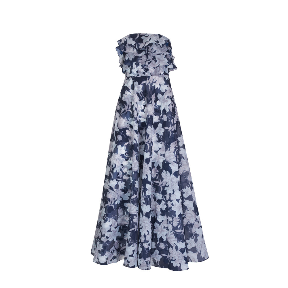 【海外限定】GinaBacconi ドレス☆Blue Cressida Floral Print C Cressida Floral Print Chiffon Asymmetric Hem Dress – Gina