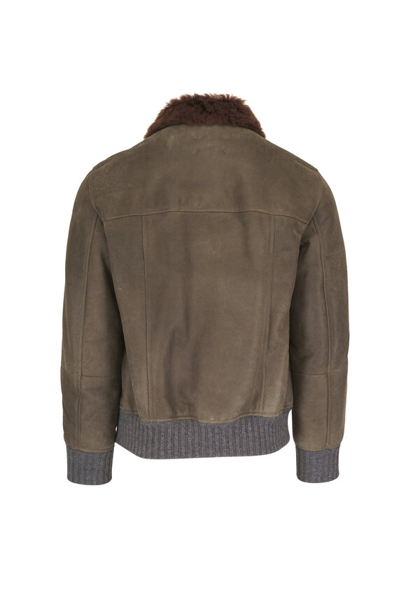 Brunello Cucinelli Military Green Waxed Shearling Bomber Jacket - view 2