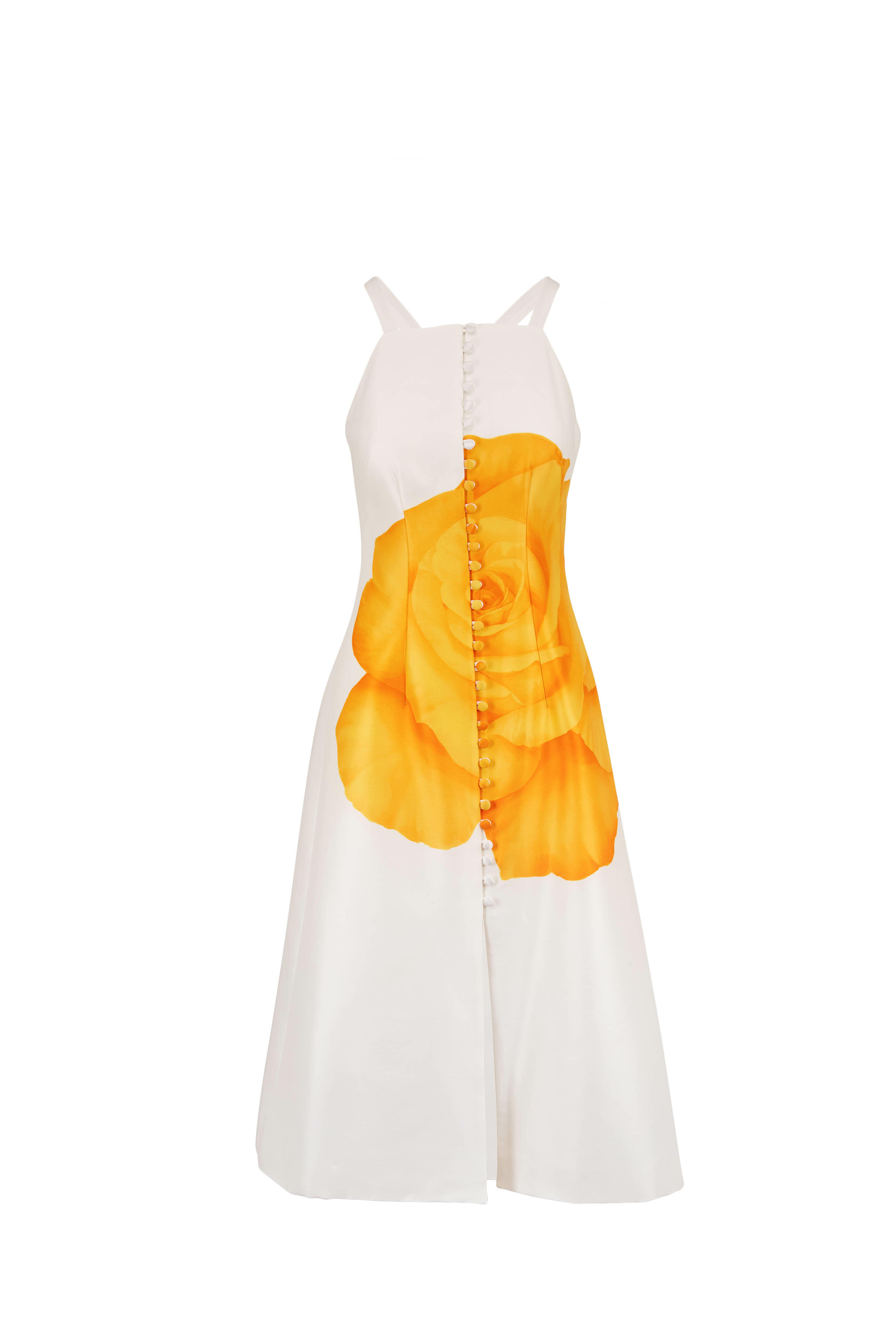 Lela Rose - White & Yellow Rose Satin Sleeveless Dress